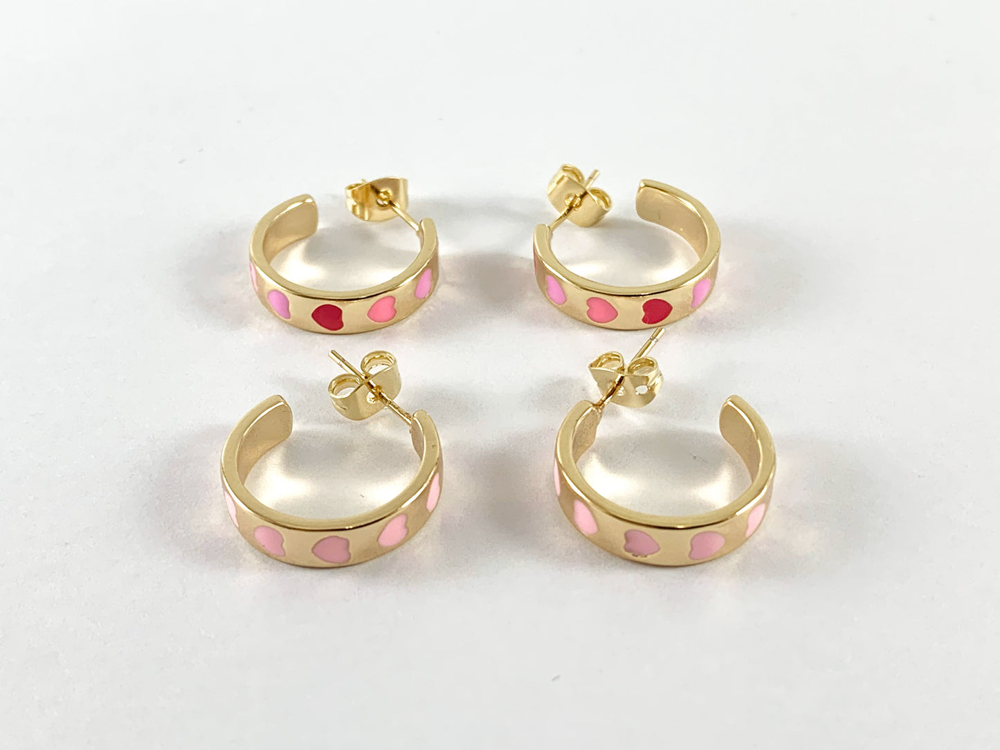 Real Gold 18K Plated Enamel Pastel Pink Hearts Gold Earring Hoops 3 pairs