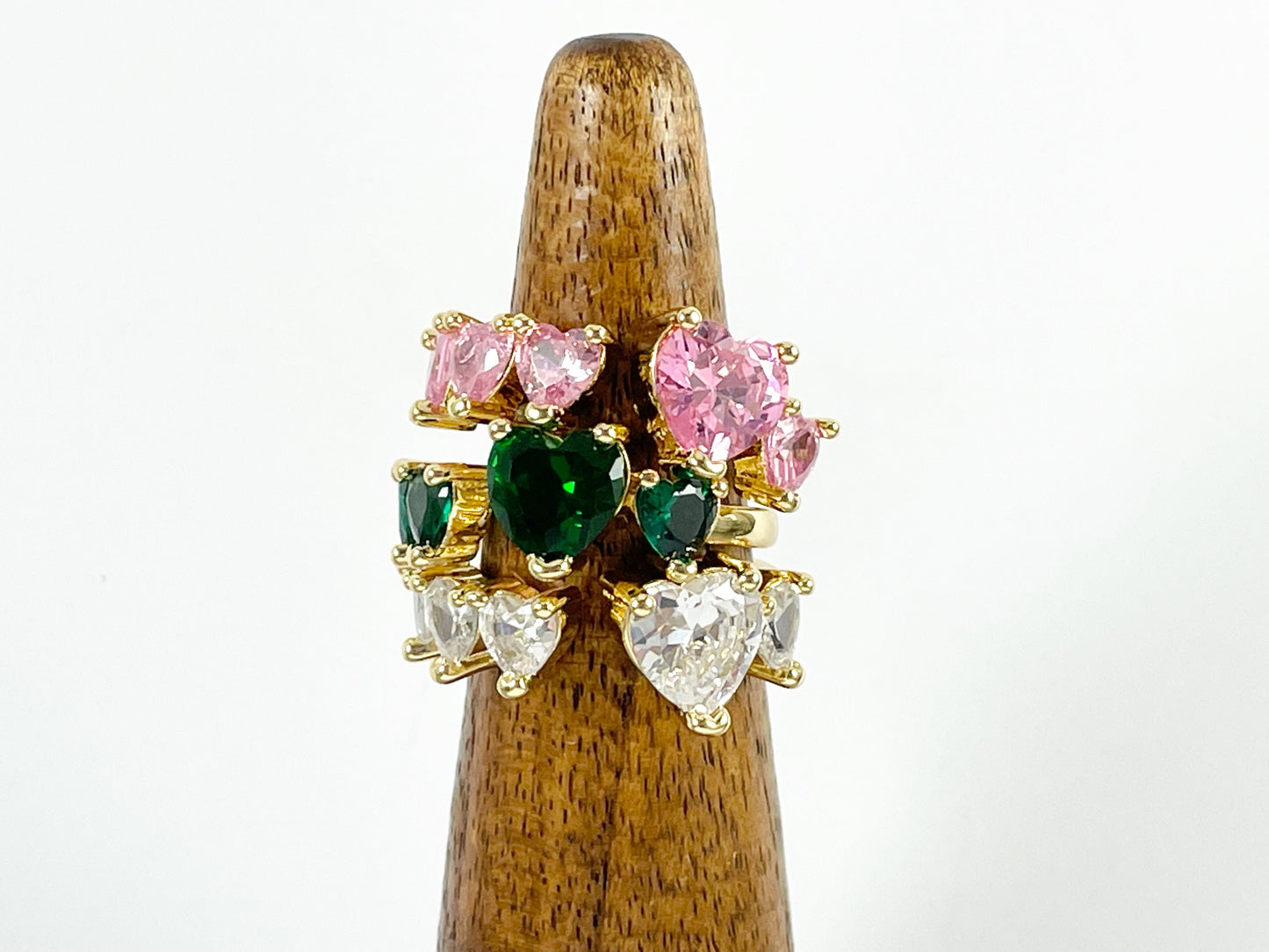 Real Gold 18K Plated CZ Pave Mini Hearts Open Front Pink Green Clear Adjustable Ring 4pcs