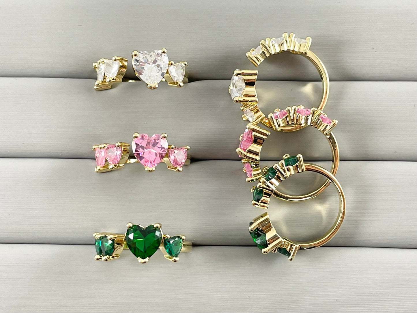Real Gold 18K Plated CZ Pave Mini Hearts Open Front Pink Green Clear Adjustable Ring 4pcs