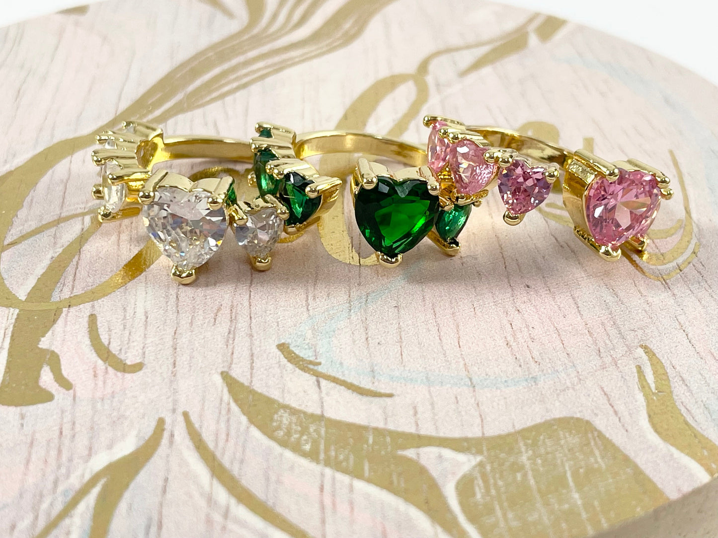Real Gold 18K Plated CZ Pave Mini Hearts Open Front Pink Green Clear Adjustable Ring 4pcs