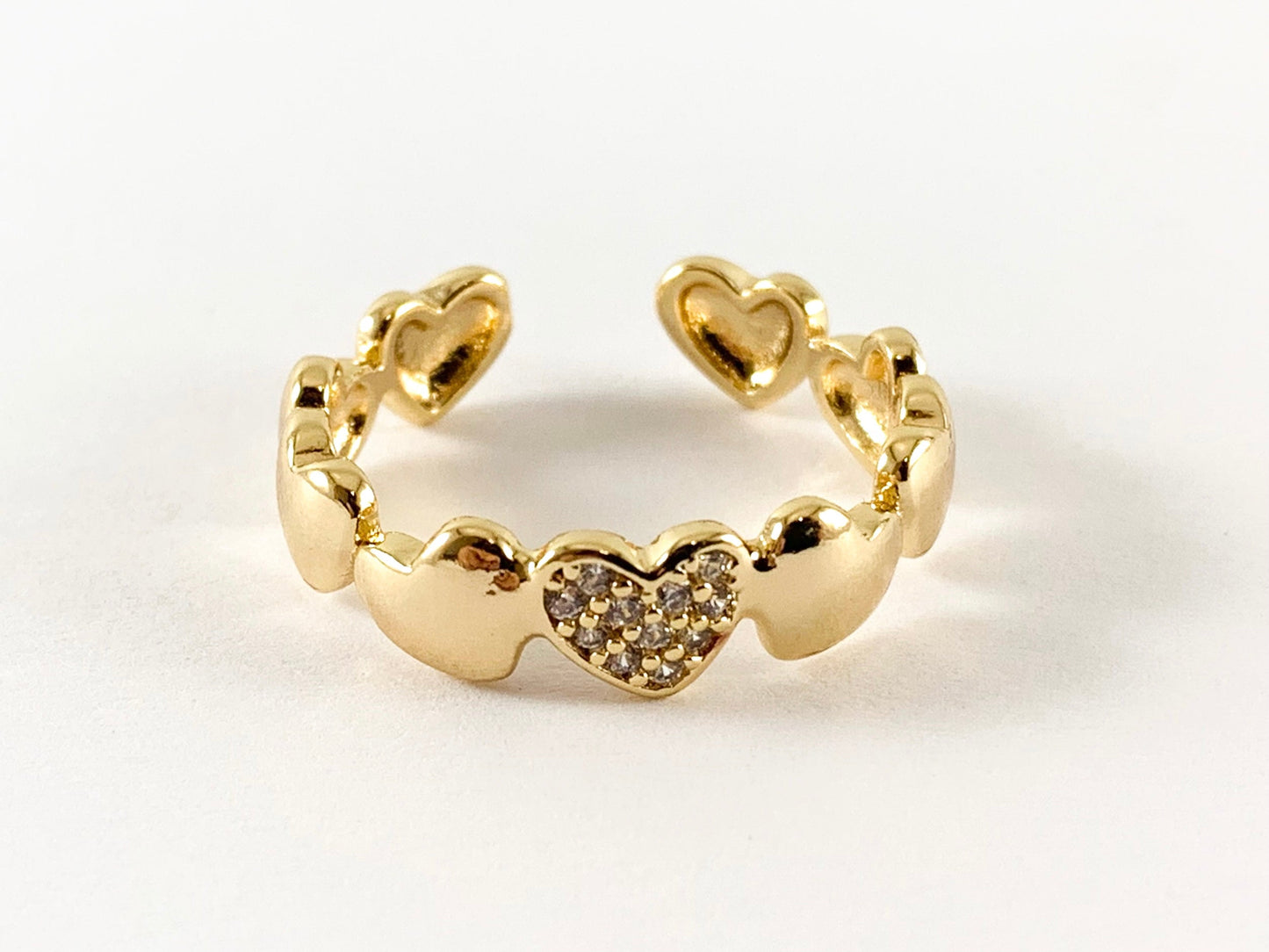 Real Gold 18K Plated CZ Pave Hearts Adjustable Ring over Copper 4pcs
