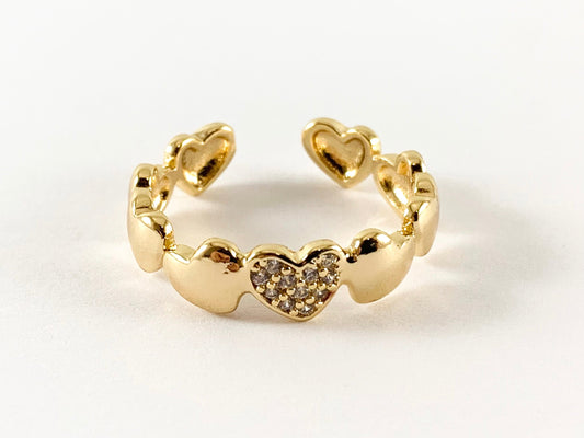 Real Gold 18K Plated CZ Pave Hearts Adjustable Ring over Copper 4pcs