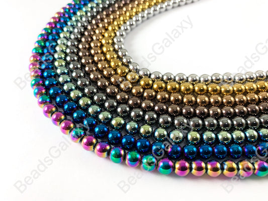 Smooth 6mm Natural Hematite Round Energy Beads Around 15"-16" Metallic Silver Gold Bronze Copper Gunmetal Black Multi Brown Green Blue