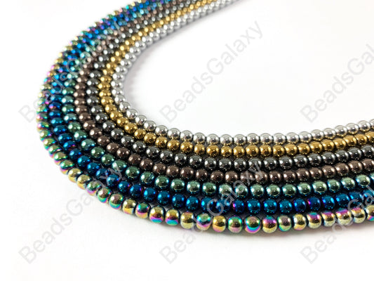 Smooth 4mm Natural Hematite Round Energy Beads Around 15"-16" Metallic Silver Gold Bronze Copper Gunmetal Black Multi Brown Green Blue