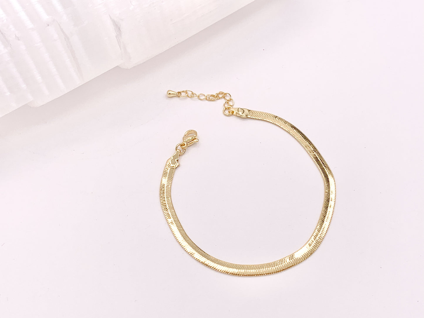 Herringbone Flat Step Cut Snake Chain Bracelets with Extension in 18K Gold Plated Copper 5 pcs