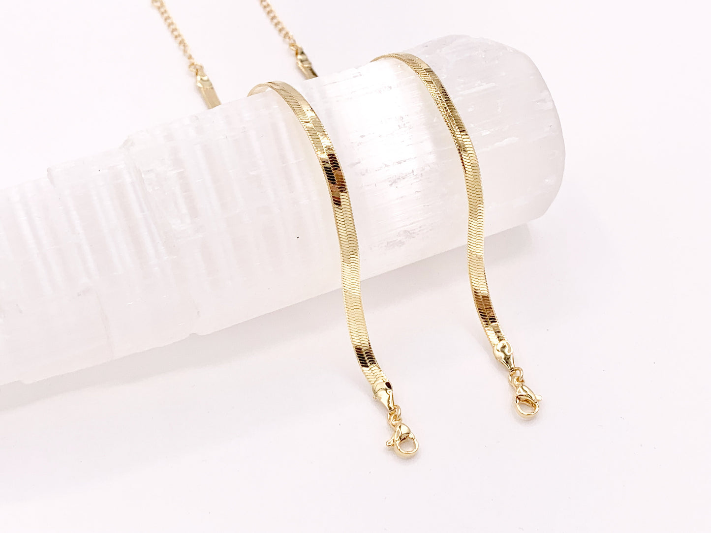Herringbone Flat Step Cut Snake Chain Bracelets with Extension in 18K Gold Plated Copper 5 pcs