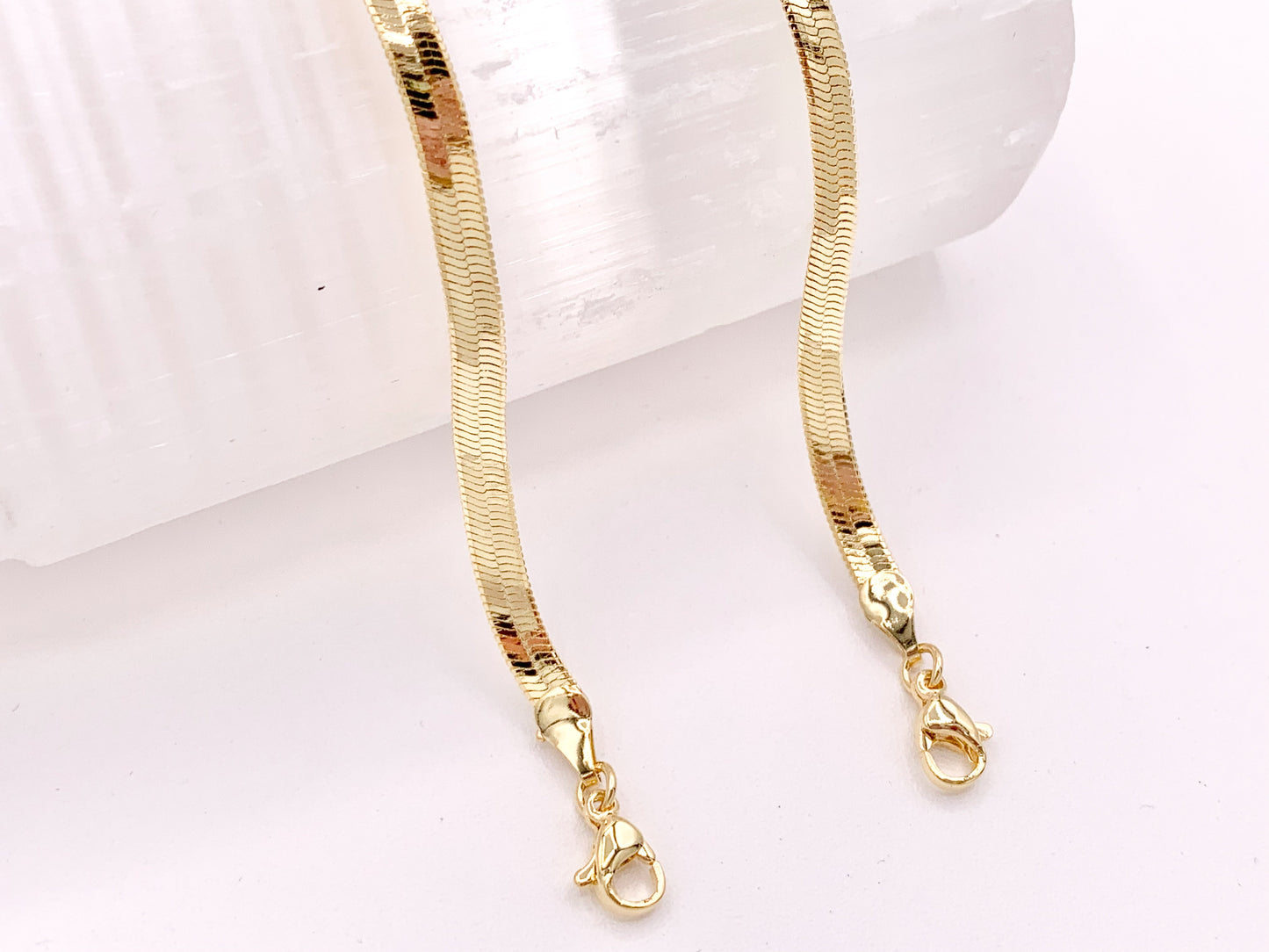 Herringbone Flat Step Cut Snake Chain Bracelets with Extension in 18K Gold Plated Copper 5 pcs