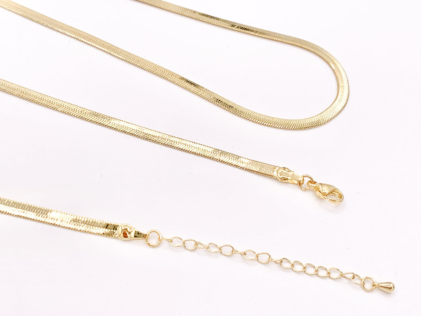 Herringbone Flat Step Cut Snake Chain Necklace 18" with Extension in 18K Gold Plated Copper 10pcs
