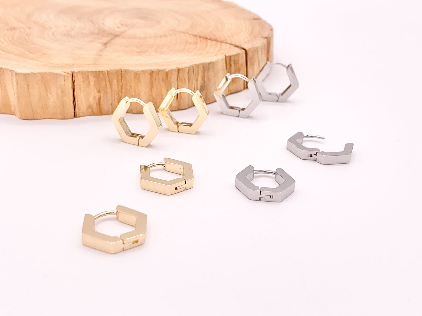Minimalist Hexagon Shaped Earring Huggies 18K Gold or Silver Plated Over Brass Earrings
