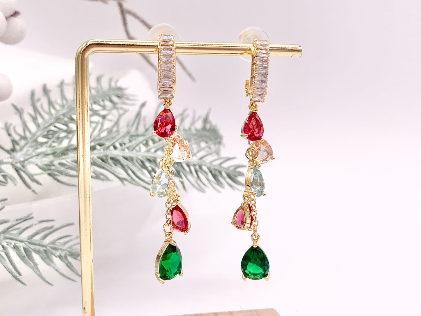 Cubic Zirconia Colorful Teardrop Crystal Dangle Tassel Holiday Earrings in 18K Gold Plated Copper 1 pair