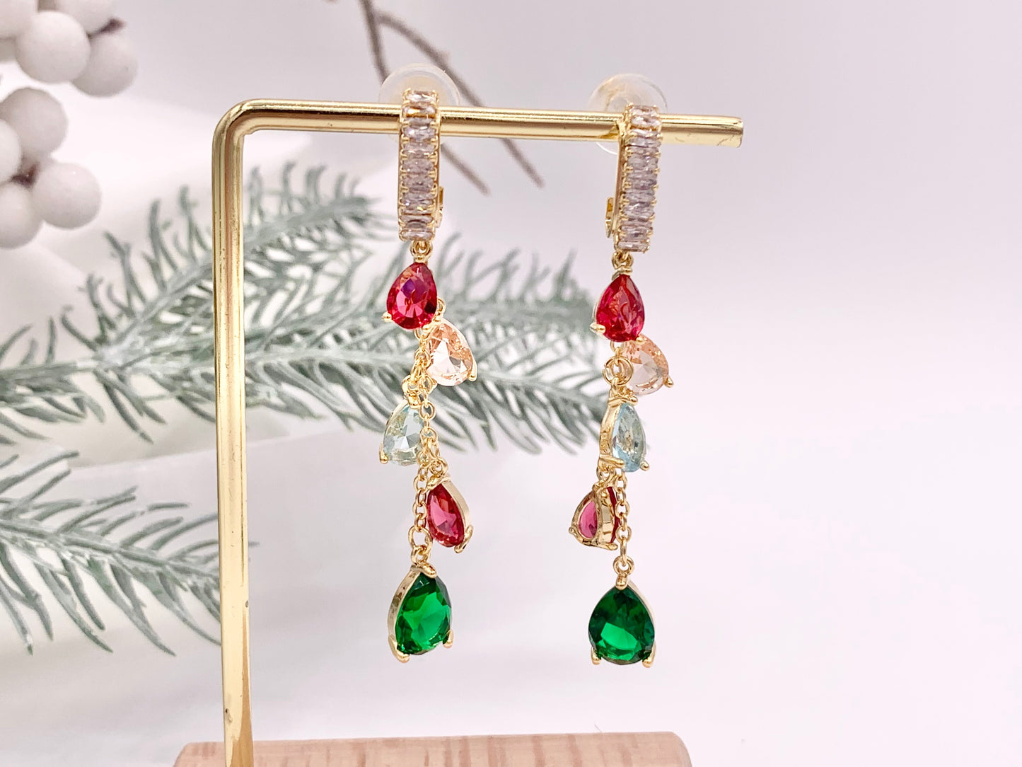 Cubic Zirconia Colorful Teardrop Crystal Dangle Tassel Holiday Earrings in 18K Gold Plated Copper 1 pair