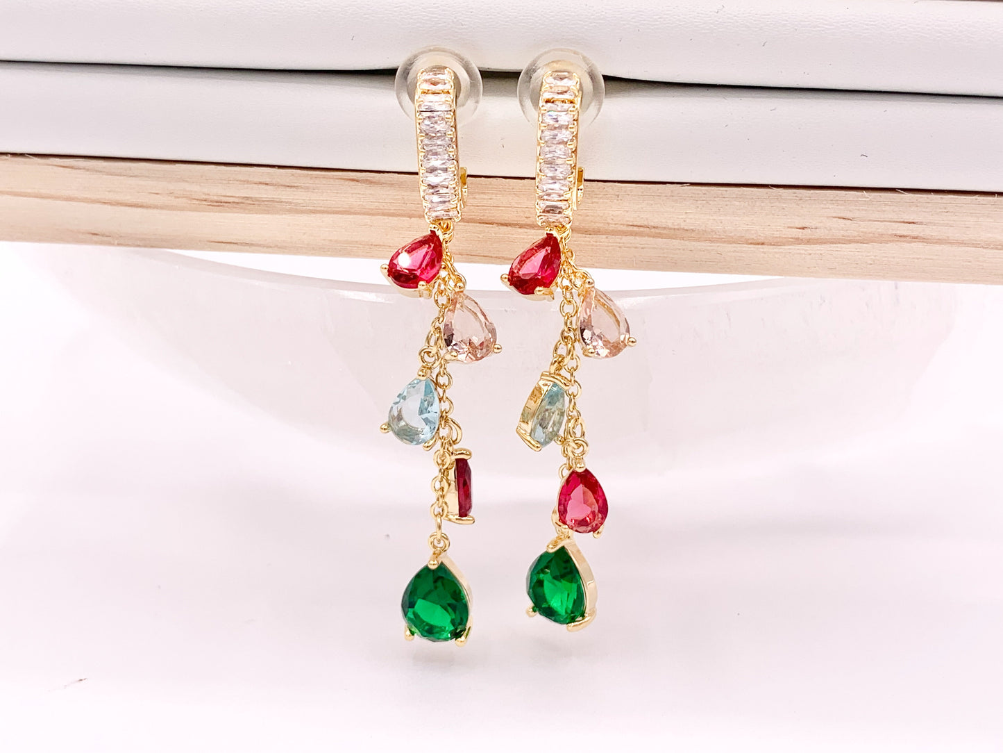 Cubic Zirconia Colorful Teardrop Crystal Dangle Tassel Holiday Earrings in 18K Gold Plated Copper 1 pair