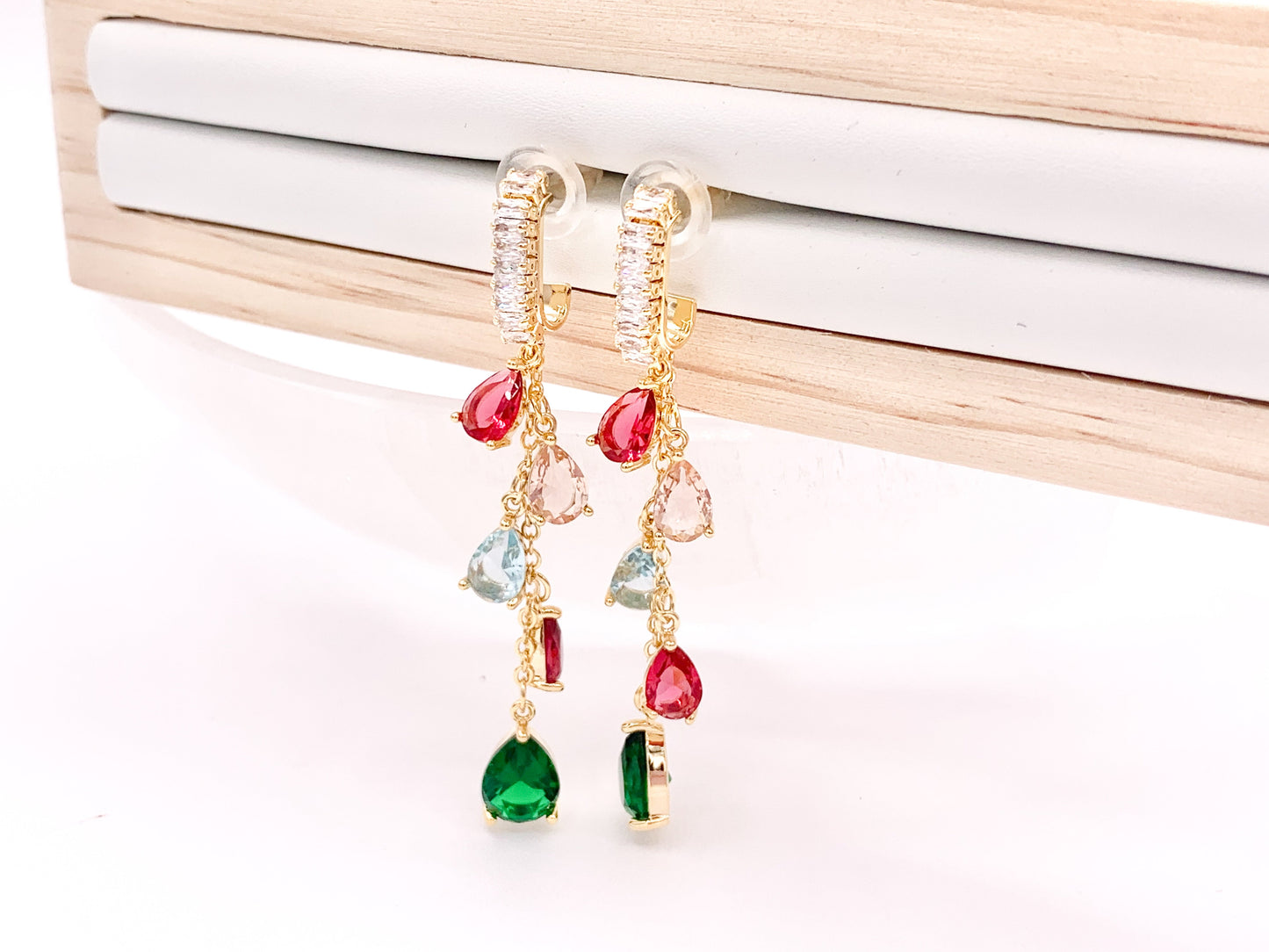 Cubic Zirconia Colorful Teardrop Crystal Dangle Tassel Holiday Earrings in 18K Gold Plated Copper 1 pair