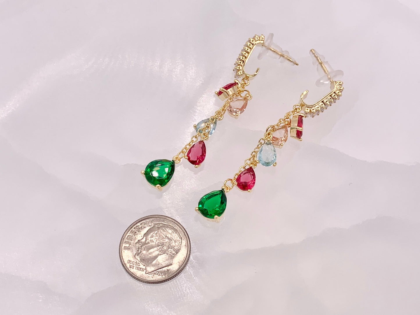 Cubic Zirconia Colorful Teardrop Crystal Dangle Tassel Holiday Earrings in 18K Gold Plated Copper 1 pair
