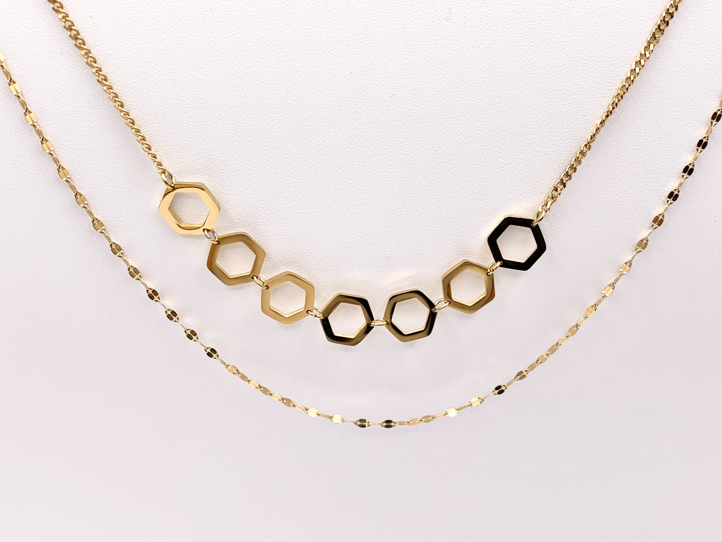 Dainty 2 Layers Honeycomb Hexagon Link Necklace Gold Plated Stainless Steel Dainty Flexible Minimalist Finished Necklace 14" with Extension 1 pc