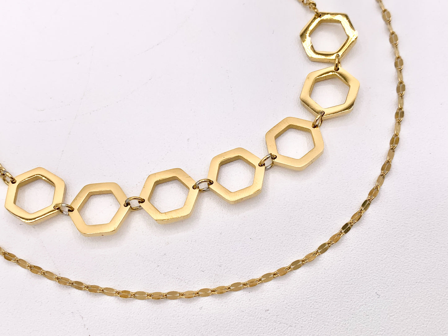 Dainty 2 Layers Honeycomb Hexagon Link Necklace Gold Plated Stainless Steel Dainty Flexible Minimalist Finished Necklace 14" with Extension 1 pc