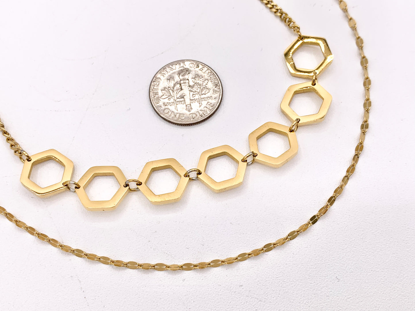 Dainty 2 Layers Honeycomb Hexagon Link Necklace Gold Plated Stainless Steel Dainty Flexible Minimalist Finished Necklace 14" with Extension 1 pc