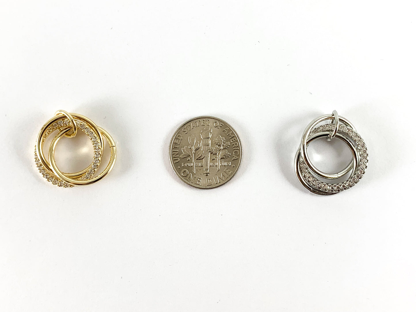 Real Gold/Platinum 18K Plated CZ Pave Triple Circle Rings Dangle Pendant Over Brass 5pcs