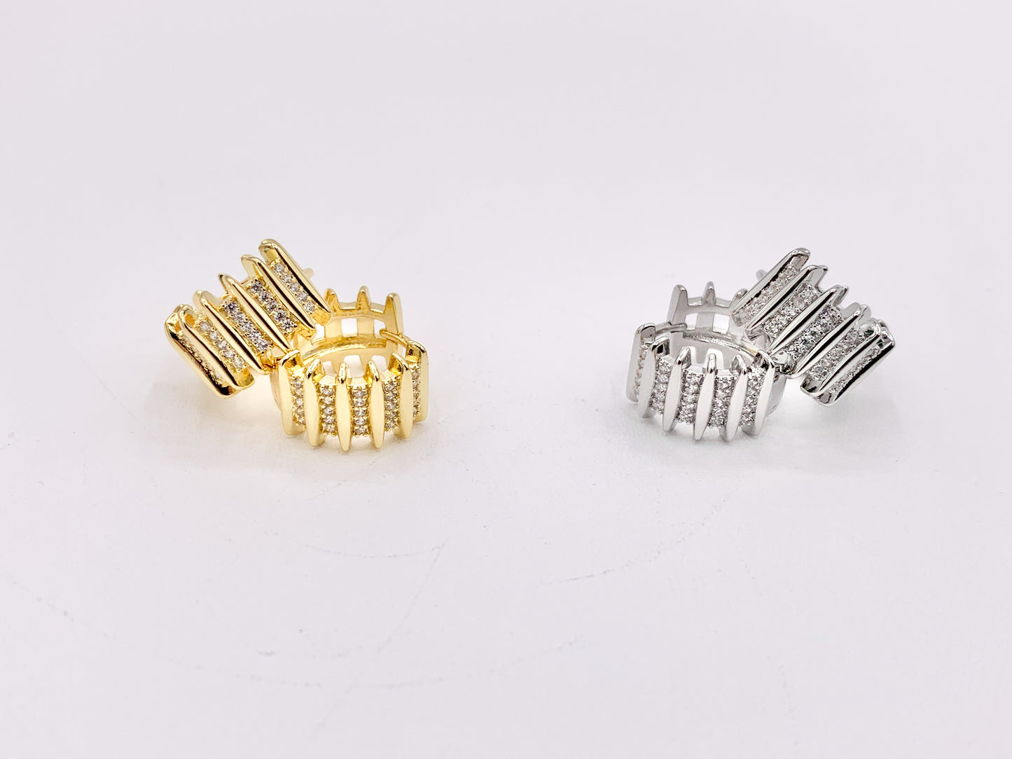 Horizontal Lined Micro Pave CZ Earring Huggies in Real 18K Gold/Silver Plated Copper 15mm 4 pairs