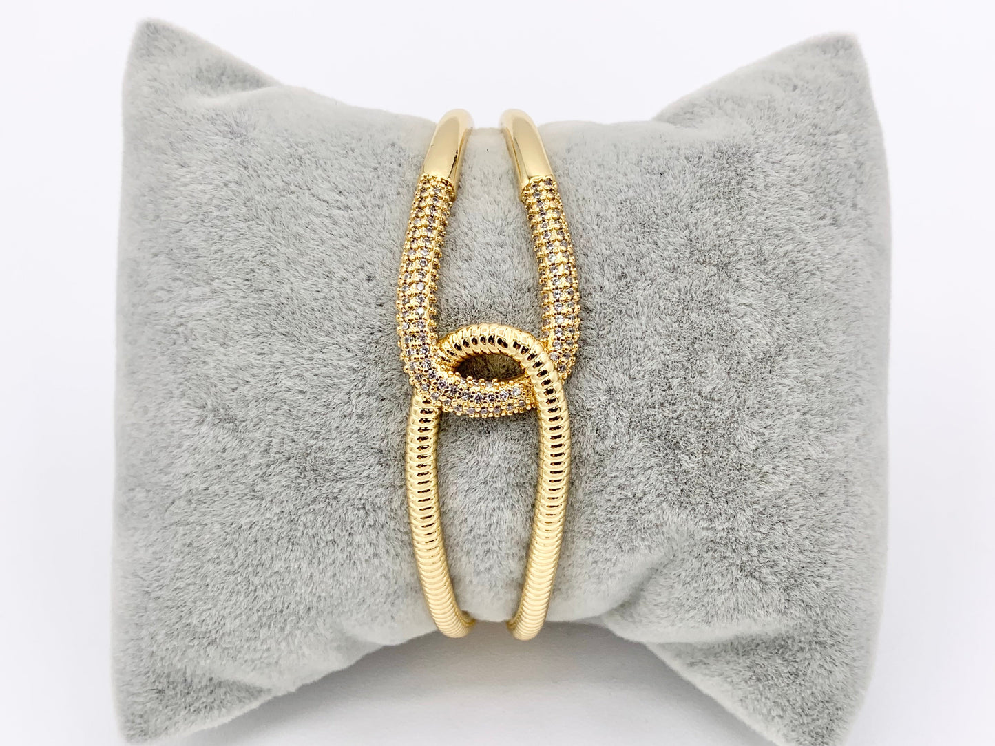 Beautiful Eternity Interlock Double Layer Bracelet Cuffs in CZ Pave Rhinestones 18K Gold or Silver Plated Copper 1 pc