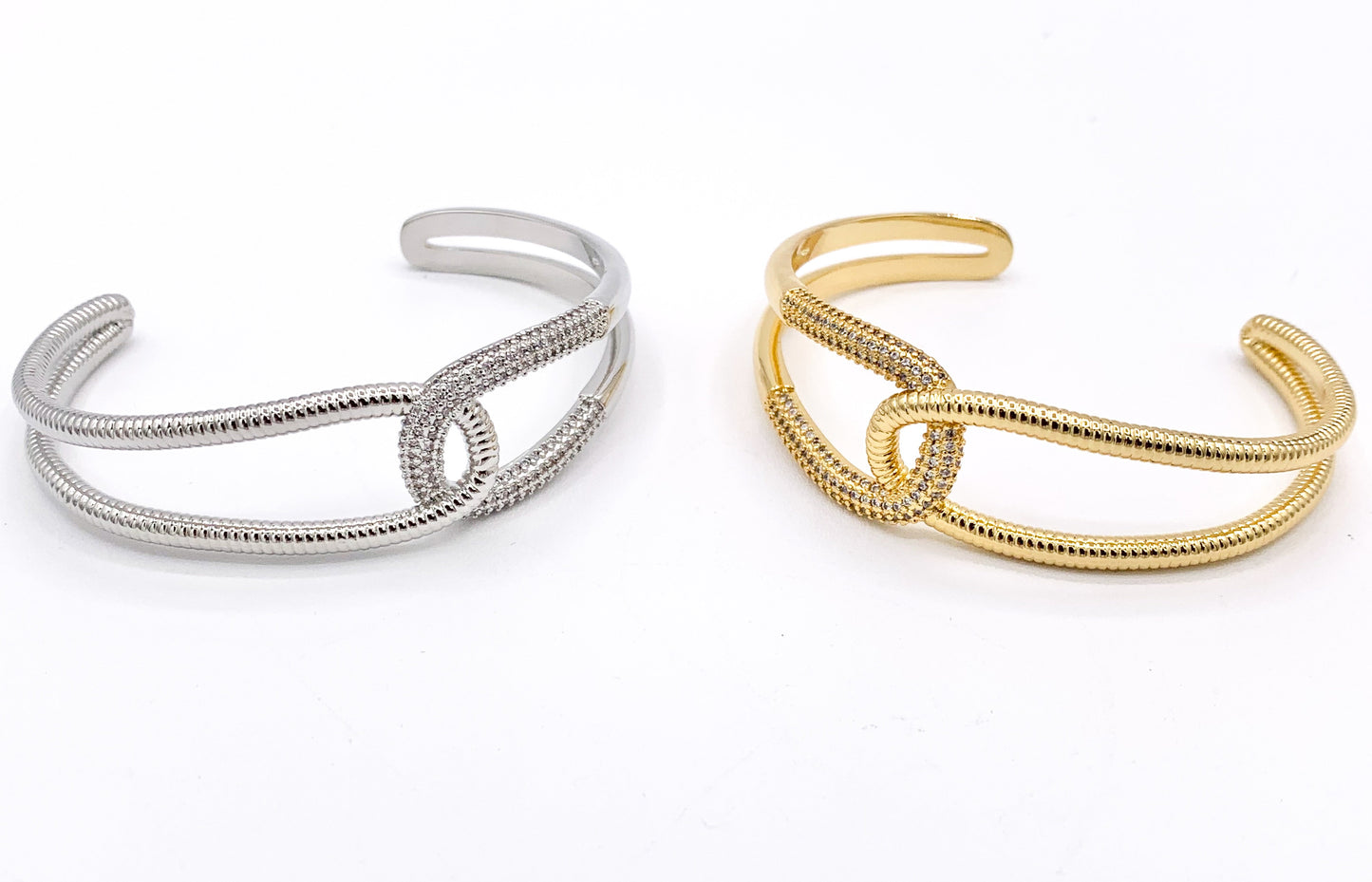 Beautiful Eternity Interlock Double Layer Bracelet Cuffs in CZ Pave Rhinestones 18K Gold or Silver Plated Copper 1 pc