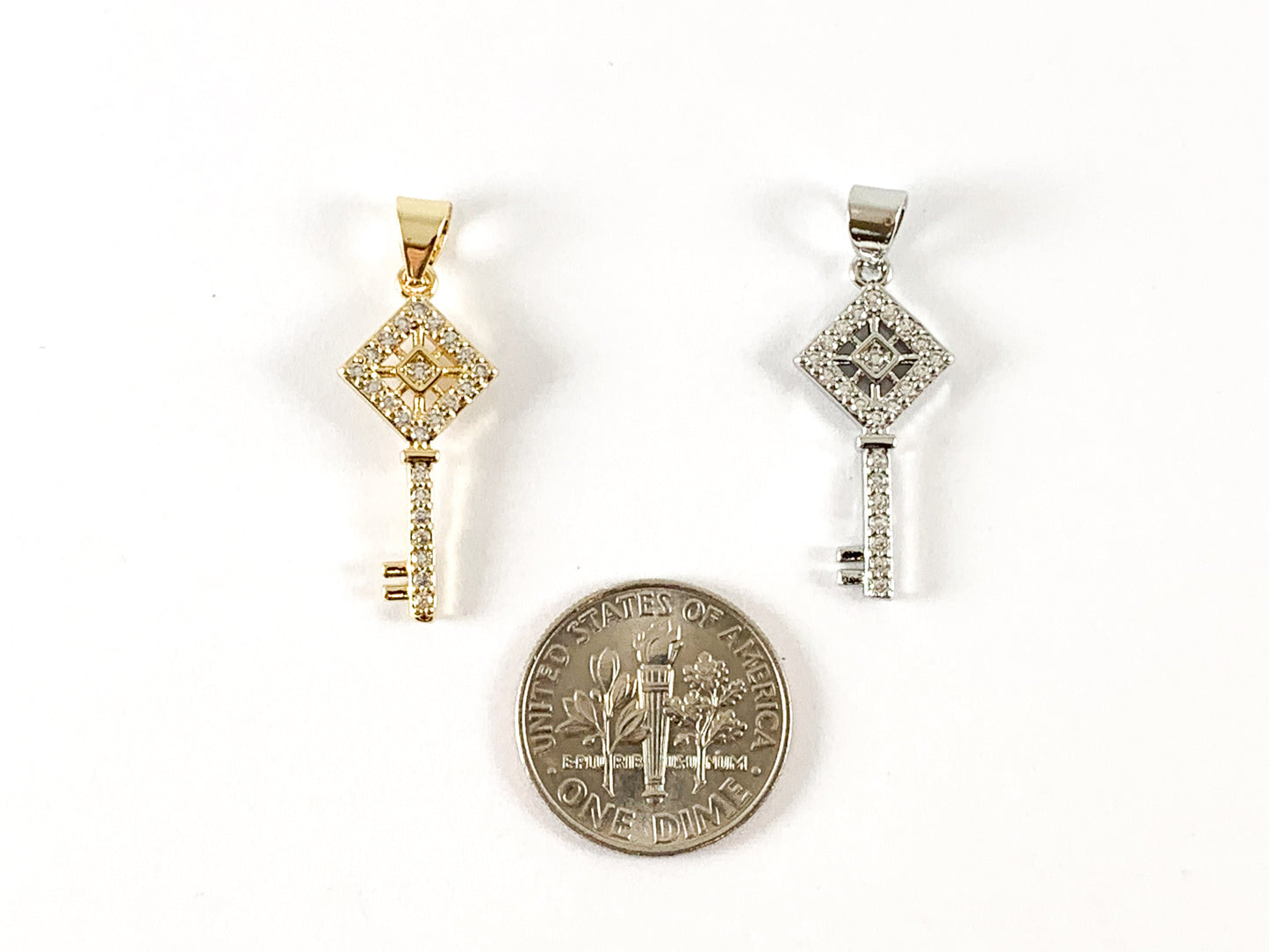 18K Real Gold/Platinum Plated Micro CZ Pave Diamond Key Charm Pendant Over Copper 8pcs