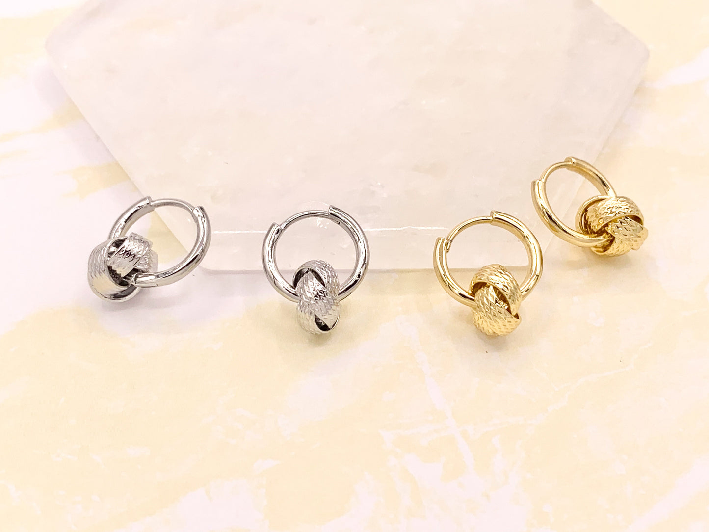 Real Gold/Platinum 18K Plated Unique Knot Dangle Huggies 5 pairs