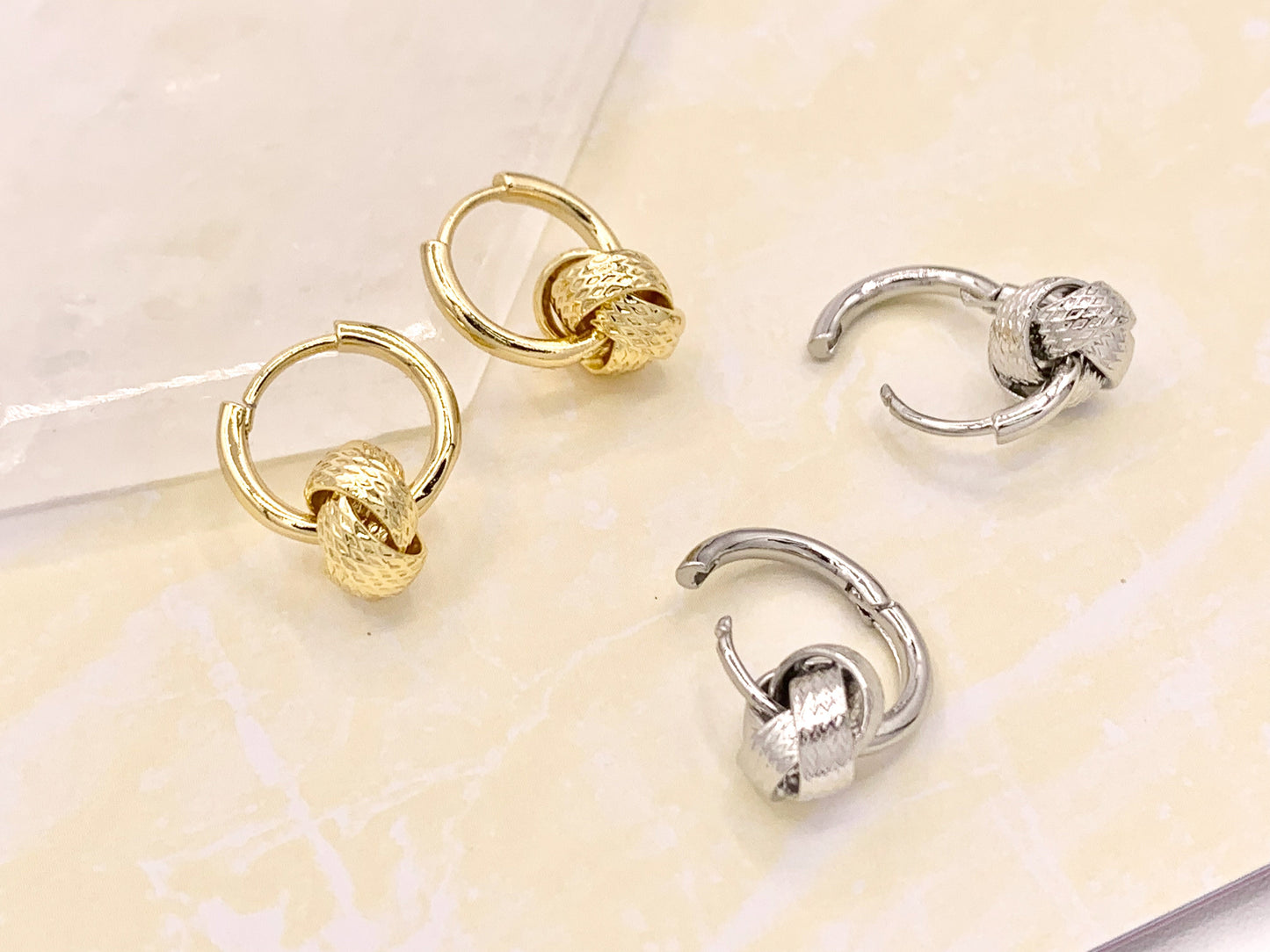 Real Gold/Platinum 18K Plated Unique Knot Dangle Huggies 5 pairs