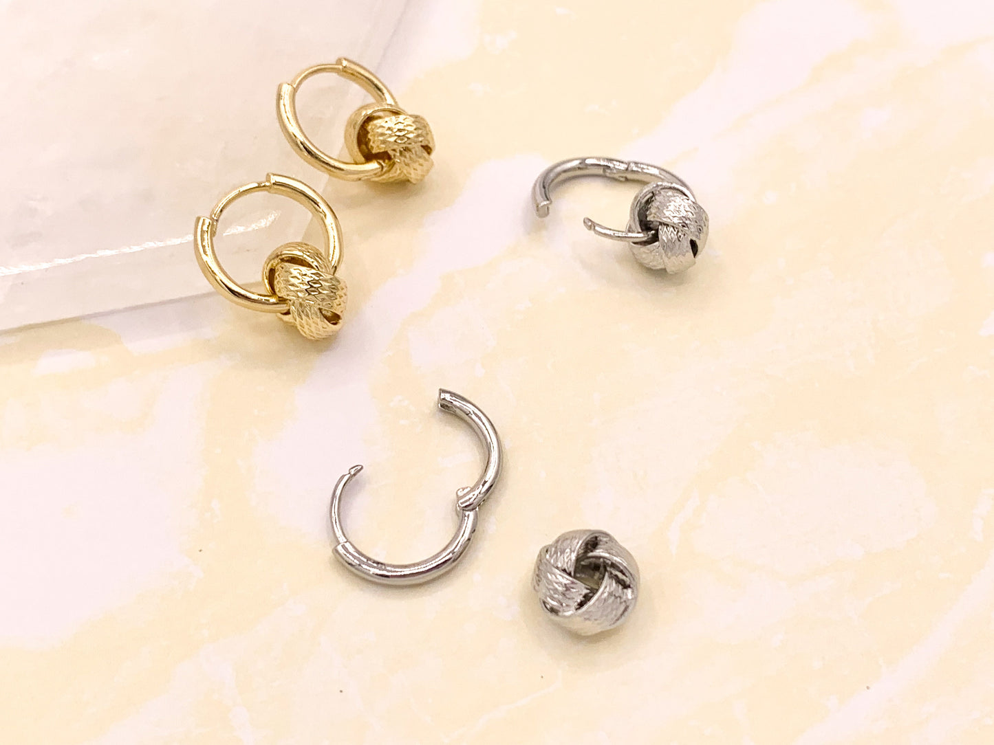 Real Gold/Platinum 18K Plated Unique Knot Dangle Huggies 5 pairs