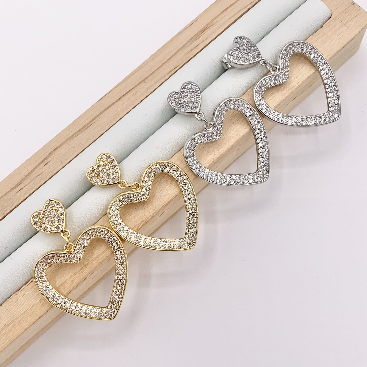 Bold Dangle Heart Earrings in Rhinestone CZ Pave Designed in 18K Gold or Silver Plated Copper 3 pairs
