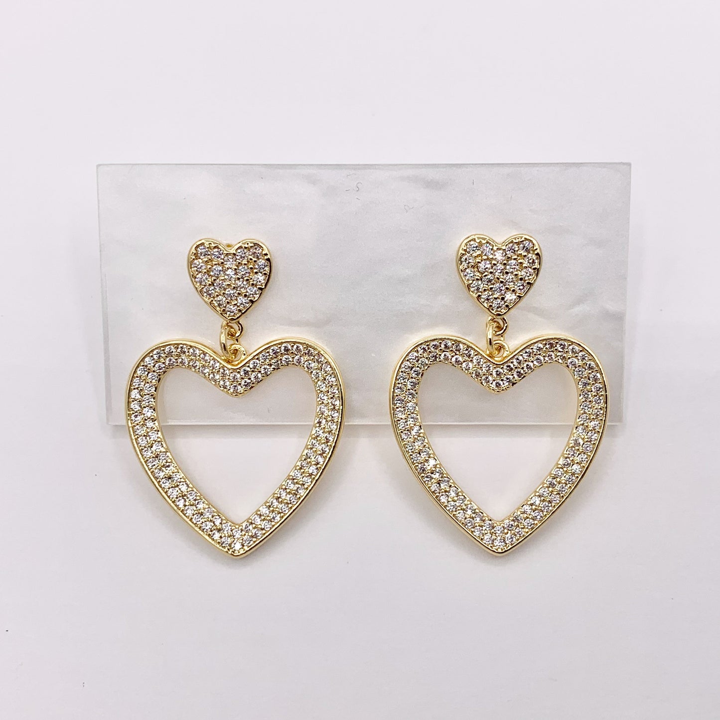 Bold Dangle Heart Earrings in Rhinestone CZ Pave Designed in 18K Gold or Silver Plated Copper 3 pairs