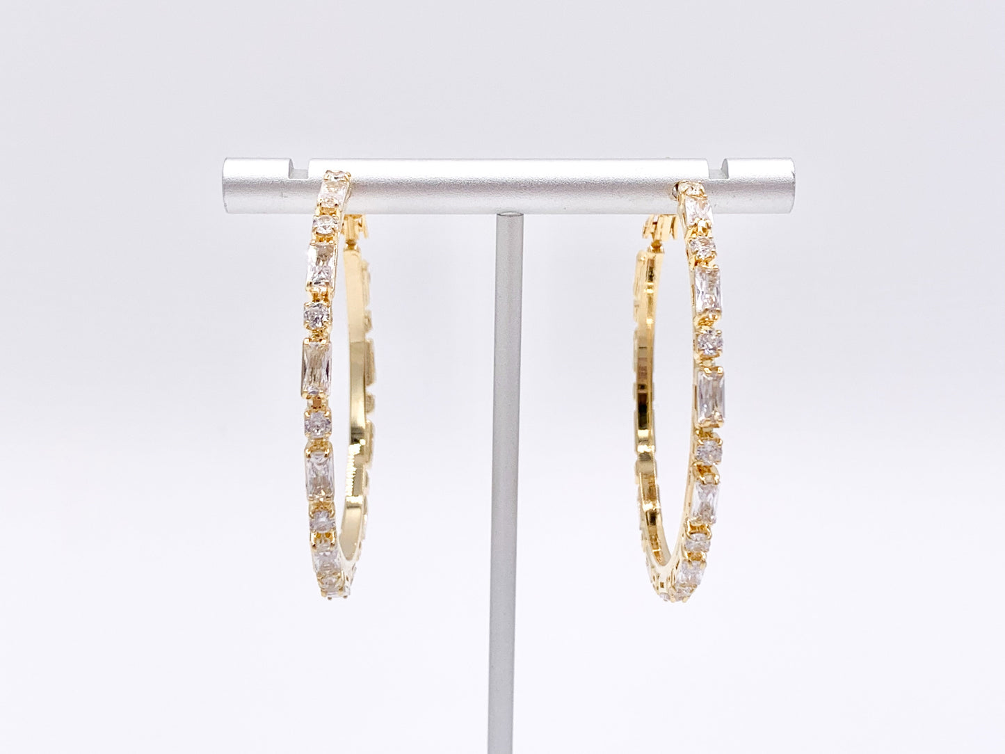 Big Statement CZ Pave Baguette Rhinestone Hoop Earrings in 18K gold or Silver Plated Copper 2 pairs