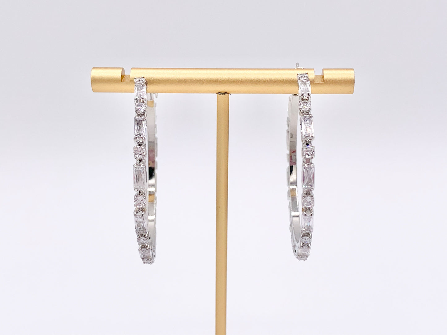 Big Statement CZ Pave Baguette Rhinestone Hoop Earrings in 18K gold or Silver Plated Copper 2 pairs