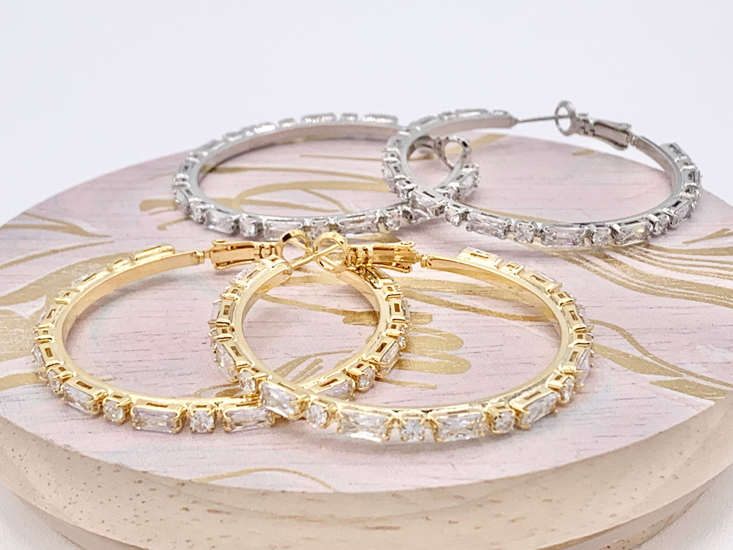 Big Statement CZ Pave Baguette Rhinestone Hoop Earrings in 18K gold or Silver Plated Copper 2 pairs