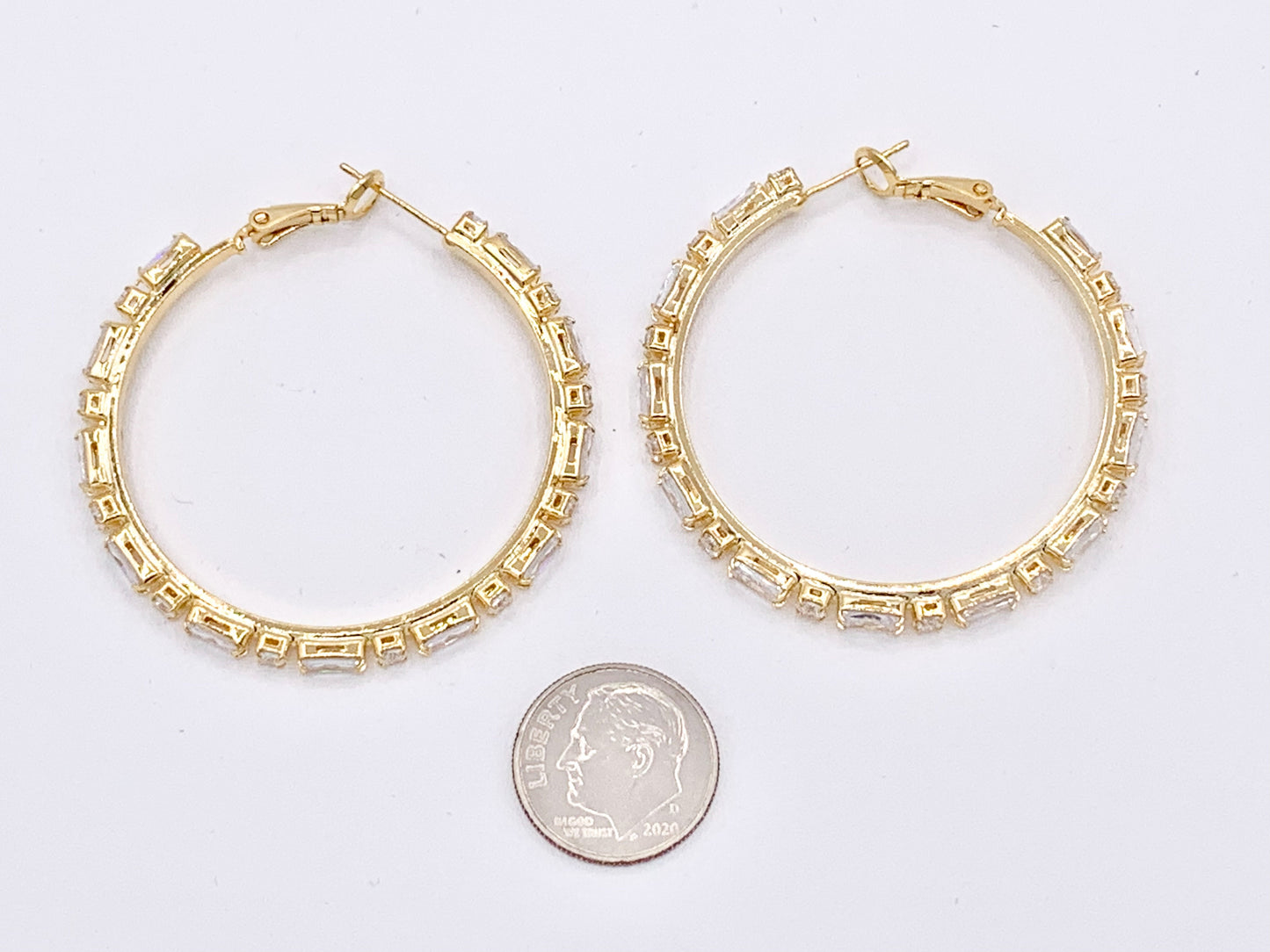 Big Statement CZ Pave Baguette Rhinestone Hoop Earrings in 18K gold or Silver Plated Copper 2 pairs