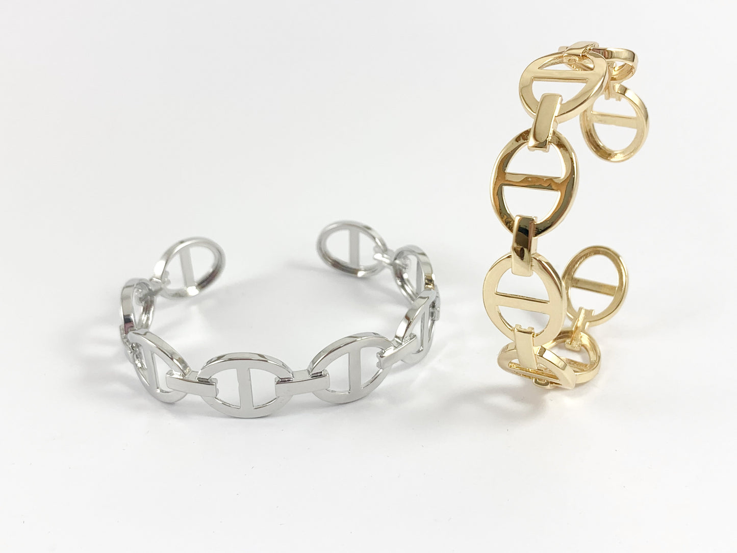 Mariner Coffee Bean Link Stackable Bracelet Cuff in Gold or Silver Plated Adjustable Pig Nose Bracelet Cuffs over Brass for 2 bracelet