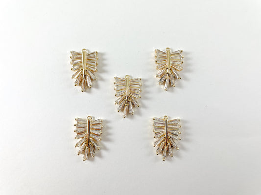18K Gold Plated CZ Pave Baguette Feather Leaf Charm Over Copper 8pcs