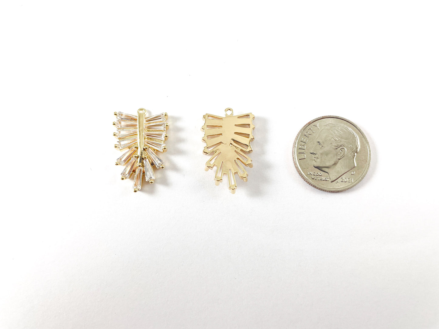 18K Gold Plated CZ Pave Baguette Feather Leaf Charm Over Copper 8pcs