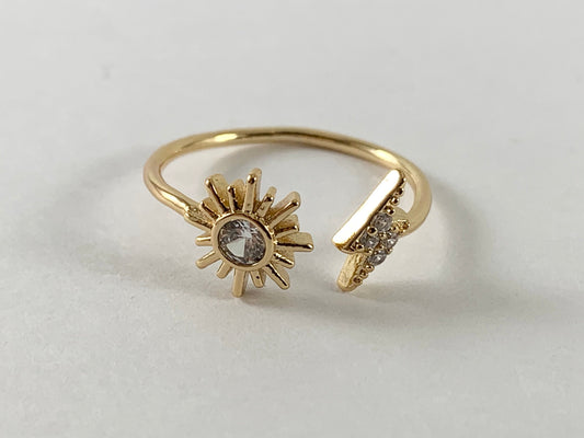 Real Gold 18K Plated CZ Pave Sun Lightning Bolt Adjustable Bypass Ring over Copper 5pcs