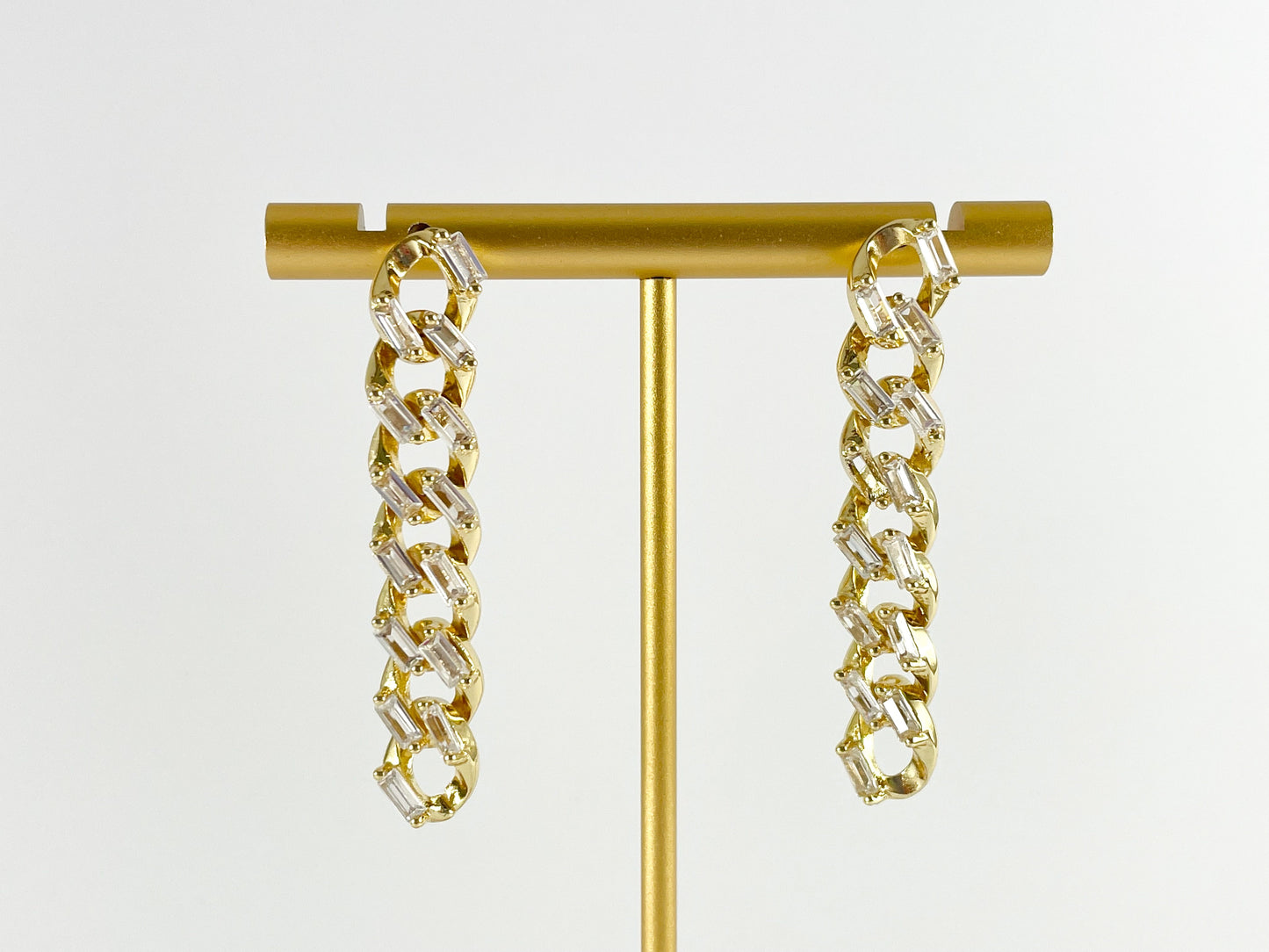 Real 18K Gold/Silver Plated Baguette CZ Pave Chain Link Dangle Earring Post Over Copper 3 pairs