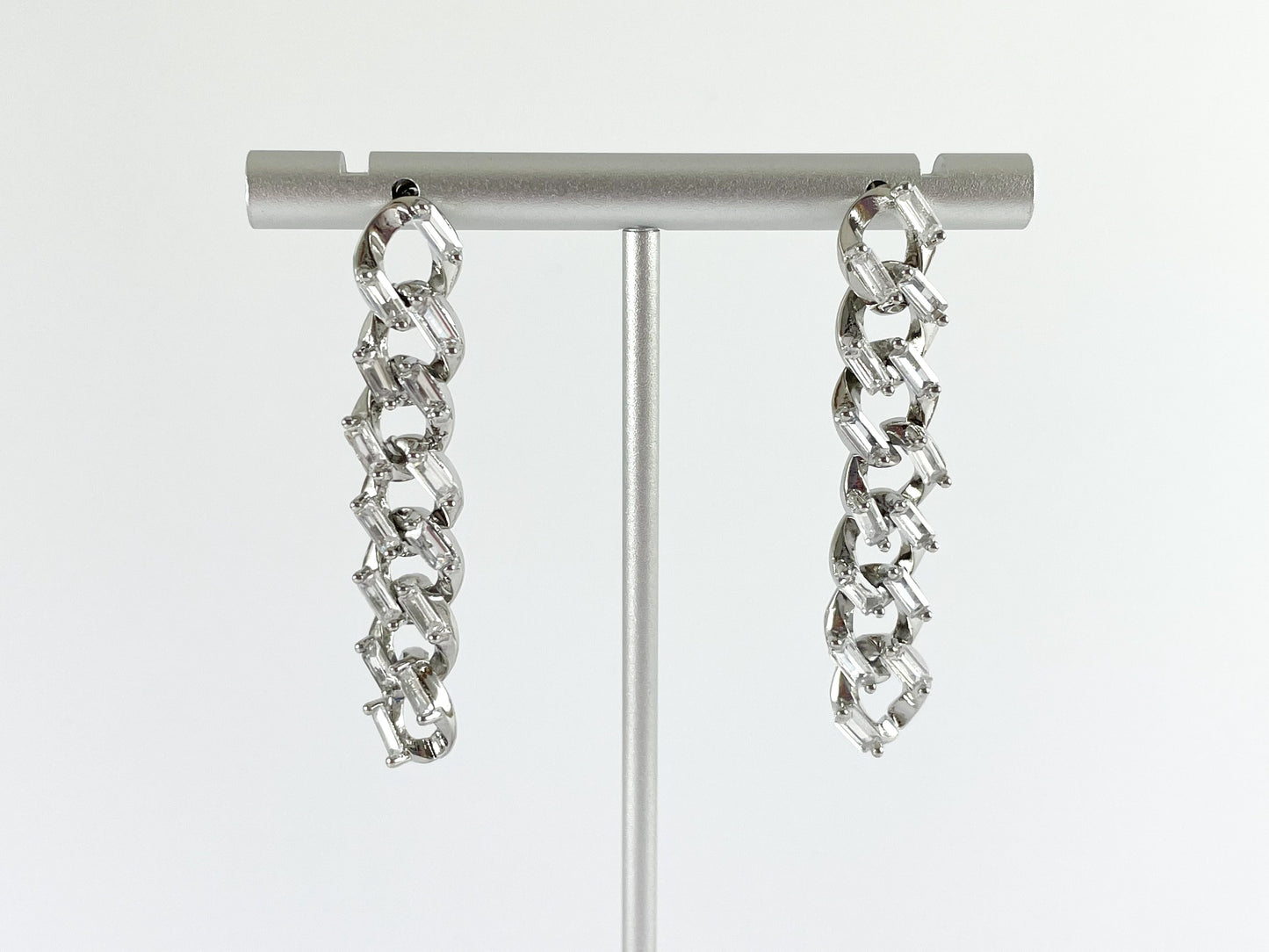 Real 18K Gold/Silver Plated Baguette CZ Pave Chain Link Dangle Earring Post Over Copper 3 pairs