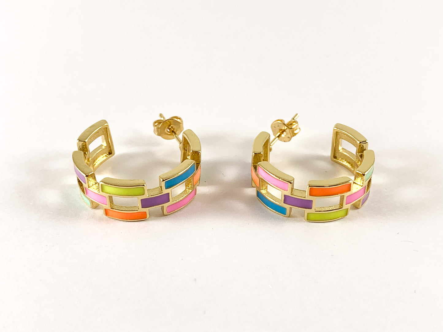 Real 18K Gold Plated Enamel Rectangle Link Earring Hoop Huggies Over Copper 3pairs