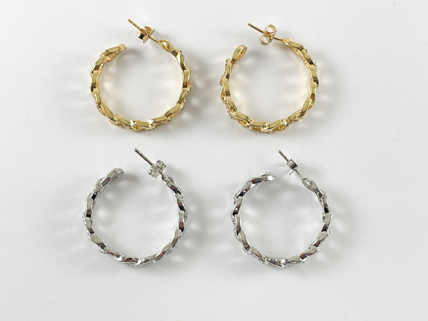 18K Gold and Platinum Plated Cubic Zirconia Cuban Chain Link Earring Hoop Over Copper 3 pairs