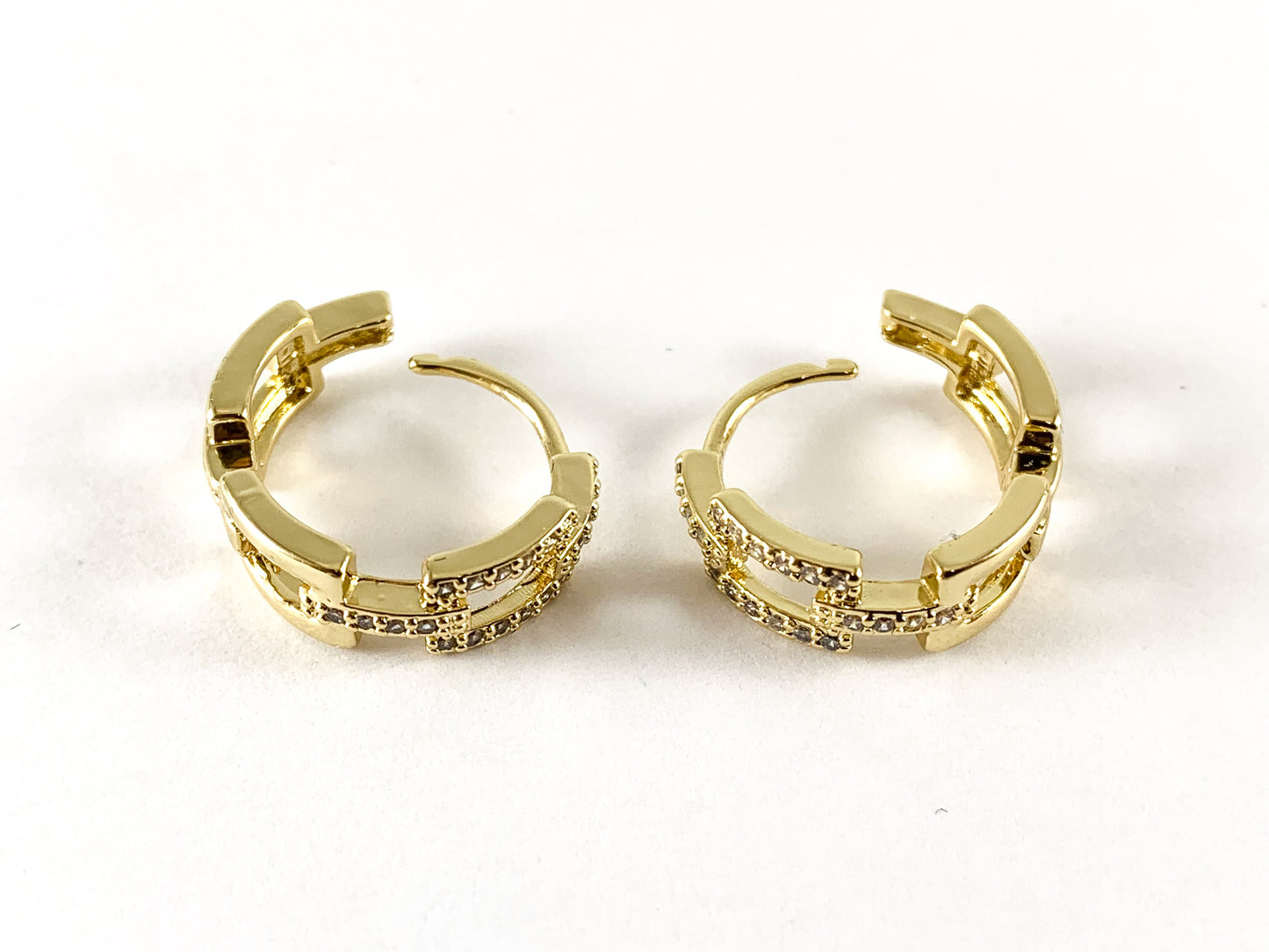 Real Gold Plated CZ Pave Rectangle Link Earring Huggies Over Copper 3pairs