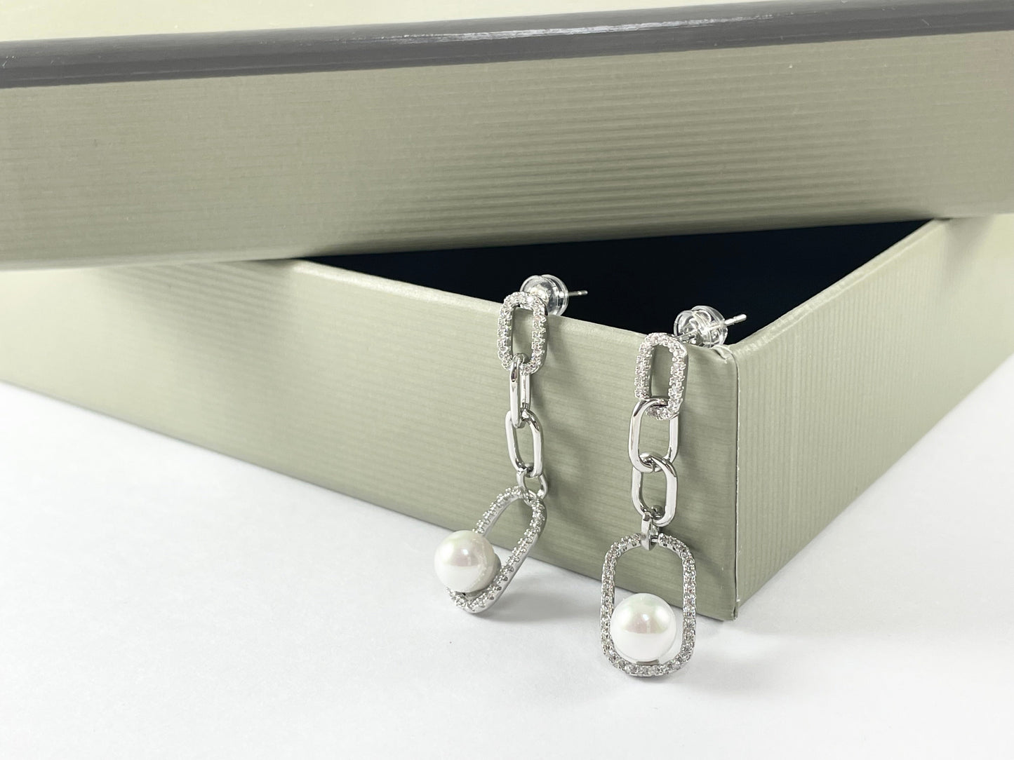 Silver Plated CZ Pave Long Rectangle Links Pearl Dangle Earrings Over Copper 3 pairs