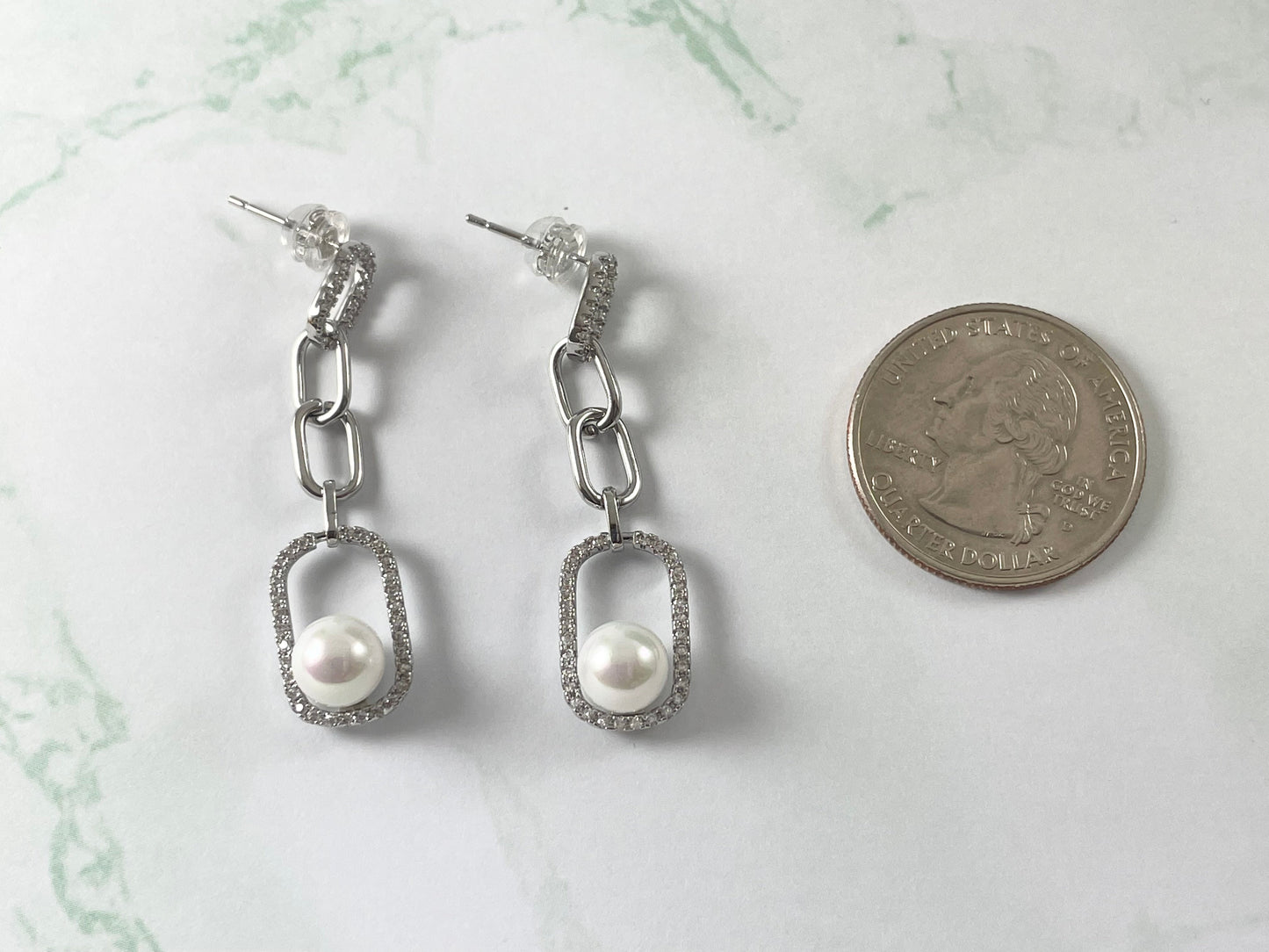 Silver Plated CZ Pave Long Rectangle Links Pearl Dangle Earrings Over Copper 3 pairs