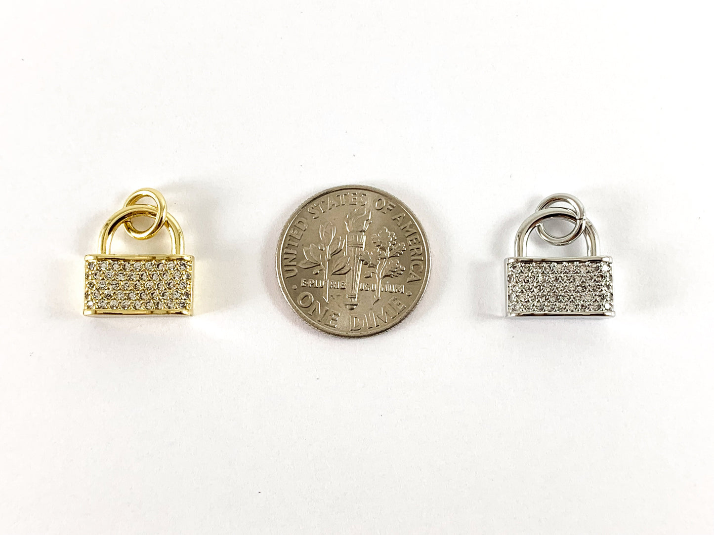 Real 18K Gold/Platinum Plated CZ Pave Lock Charm Over Copper 6pcs