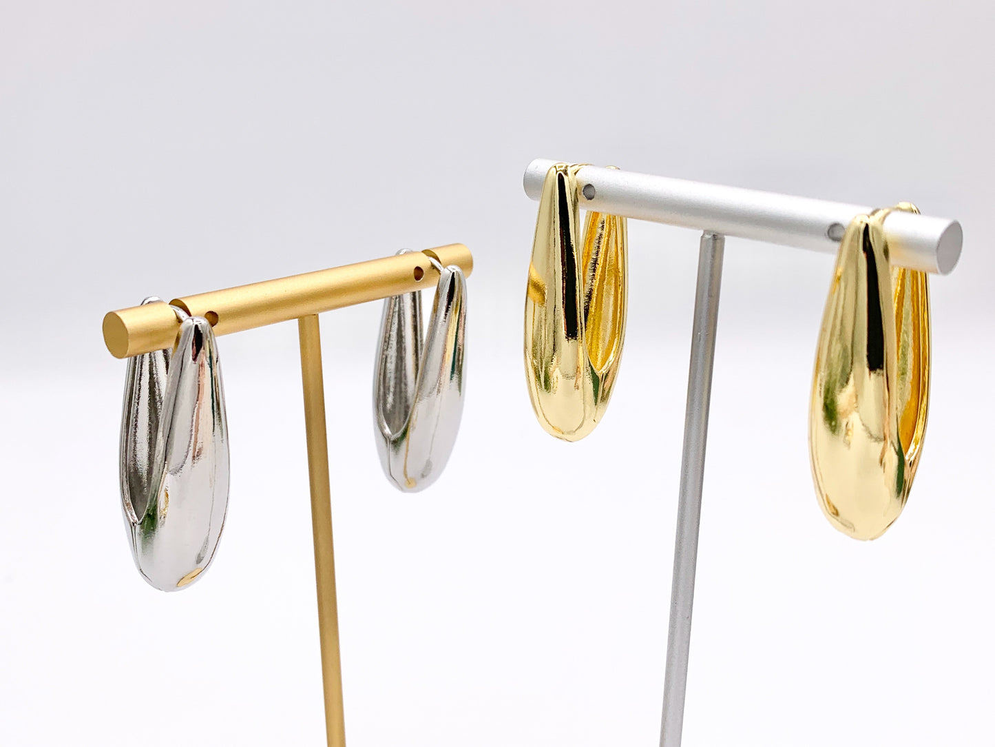 Long Drop Oval Latch Back Hoops Earring Huggies in 18K Gold or Silver Plated Copper 3 pairs