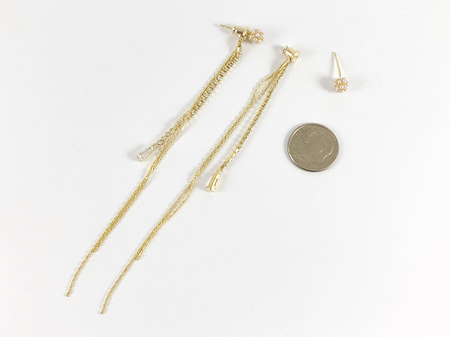 Long Beautiful Pearl Studs CZ Rhinestone Tassel Earrings in 18K Gold or Silver Plated Copper 3 pairs