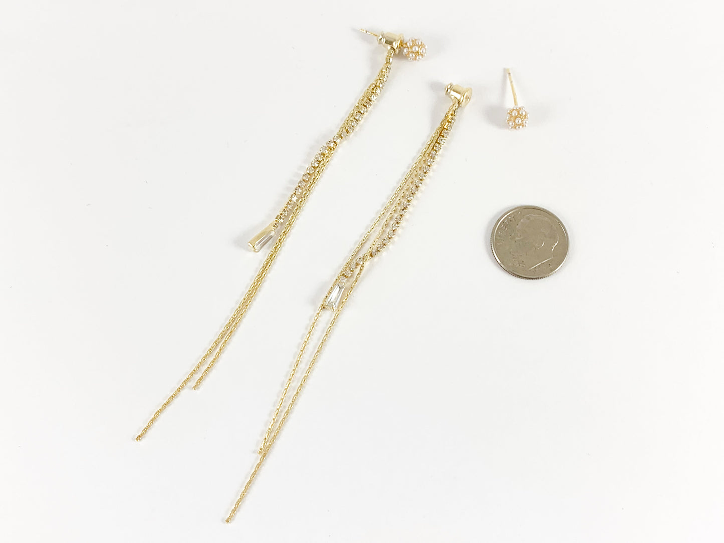 Long Beautiful Pearl Studs CZ Rhinestone Tassel Earrings in 18K Gold or Silver Plated Copper 3 pairs